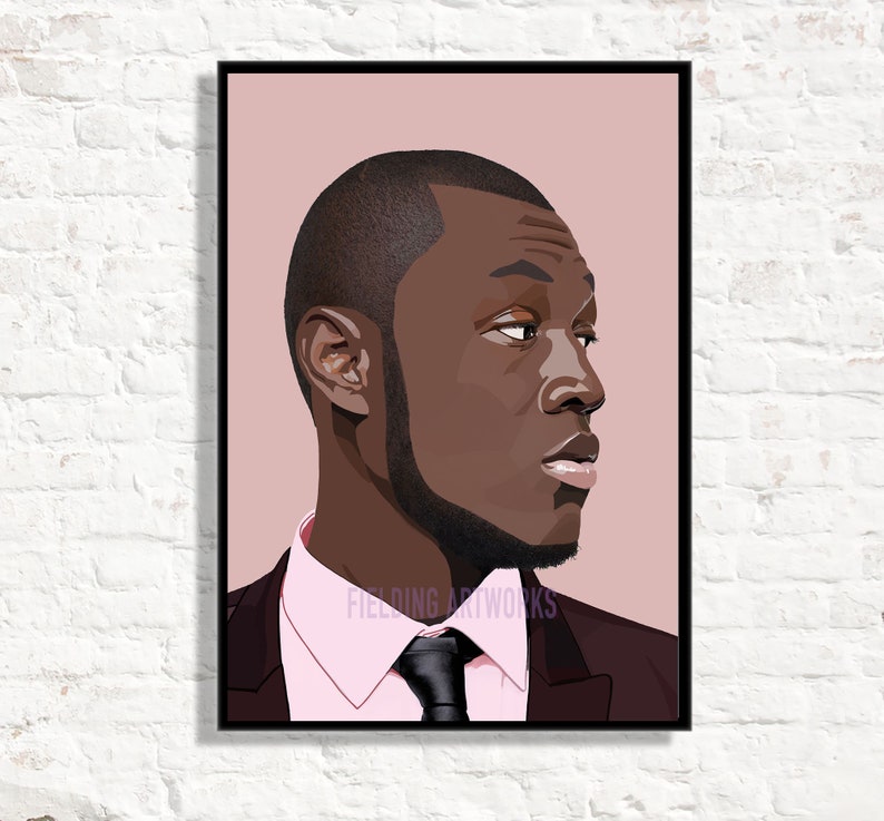 May include: A digital illustration of a man with dark skin wearing a pink shirt and a dark brown suit jacket with a black tie. The background is a light pink color.