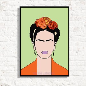 May include: A digital illustration of Frida Kahlo with a flower crown. The background is a light green color. The illustration is in a minimalist style with bold lines and flat colors. The flowers are orange and yellow.