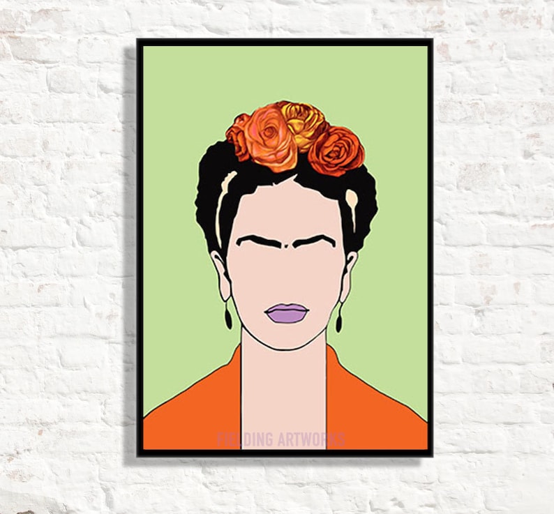 May include: A digital illustration of Frida Kahlo with a flower crown. The background is a light green color. The illustration is in a minimalist style with bold lines and flat colors. The flowers are orange and yellow.
