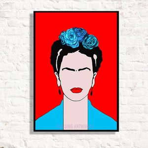 May include: A digital illustration of Frida Kahlo with a blue flower crown on a red background.