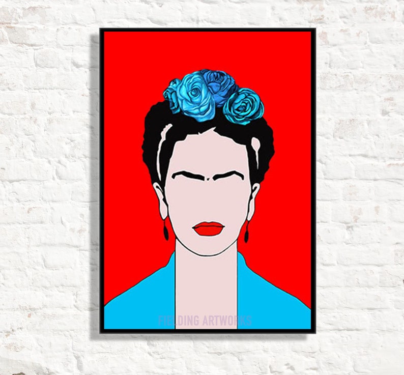 May include: A digital illustration of Frida Kahlo with a blue flower crown on a red background.