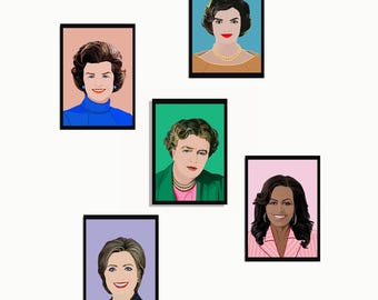 US FIRST LADIES, Betty Ford, Eleanor Roosevelt, Michelle Obama, Jackie Kennedy, Hillary Clinton, 5 Prints for the Price of 4, Feminists.