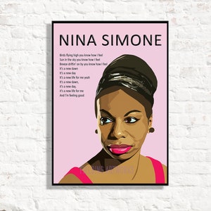 Lámina de Nina Simone, activista por los derechos civiles, póster rosa, lámina de jazz, letra de "Feeling Good", arte colorido, lámina de una celebridad famosa. Heroína musical.
