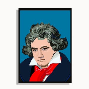 Könnte beinhalten: Gerahmtes Porträt von Ludwig van Beethoven. Das Kunstwerk zeigt eine stilisierte Illustration des Komponisten mit grauem Haar, einem roten Schal und einem blauen Mantel vor einem türkisblauen Hintergrund. Das Porträt befindet sich in einem schwarzen Rahmen.