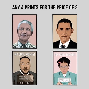 May include: Four black and white illustrations of famous civil rights leaders. The top left image is of Nelson Mandela, the top right image is of Barack Obama, the bottom left image is of Martin Luther King Jr., and the bottom right image is of Rosa Parks. Each image has the text "My Civil Rights!" below it.