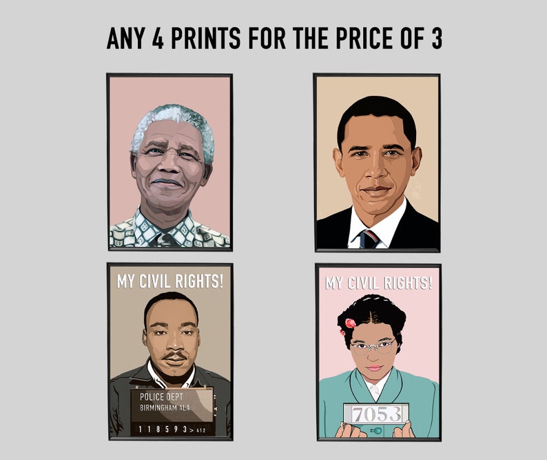 May include: Four black and white illustrations of famous civil rights leaders. The top left image is of Nelson Mandela, the top right image is of Barack Obama, the bottom left image is of Martin Luther King Jr., and the bottom right image is of Rosa Parks. Each image has the text "My Civil Rights!" below it.