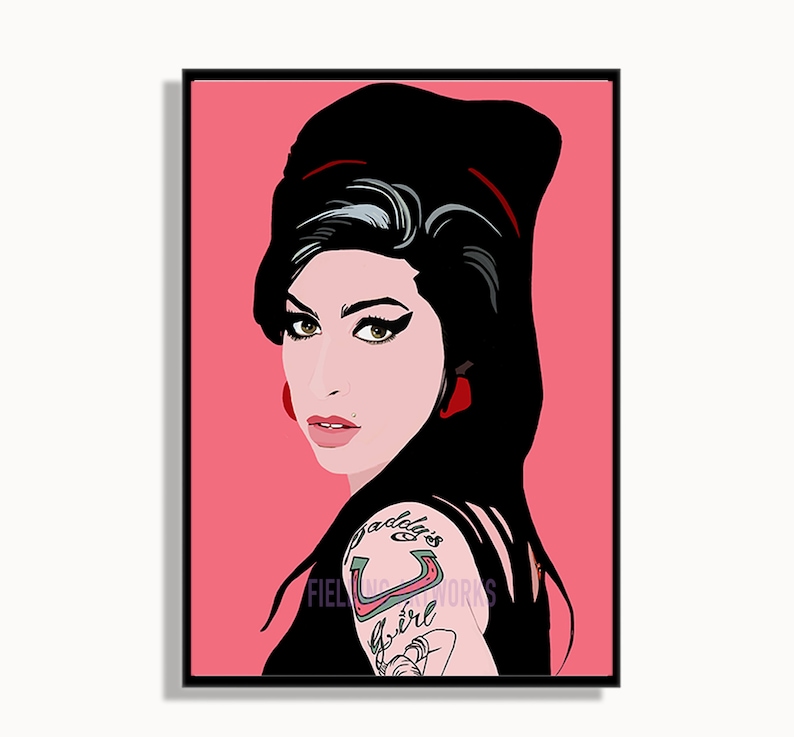 May include: A digital illustration of a woman with black hair and a red headband. She is wearing a black top and has a tattoo on her shoulder that says "daddy's girl". The background is pink.