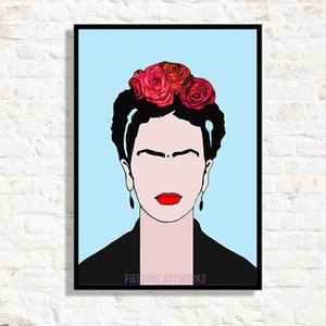 May include: A digital illustration of Frida Kahlo with a black background and a blue sky. She is wearing a black jacket and has a red flower crown on her head. The text "FIELDING ARTWORKS" is at the bottom of the image.