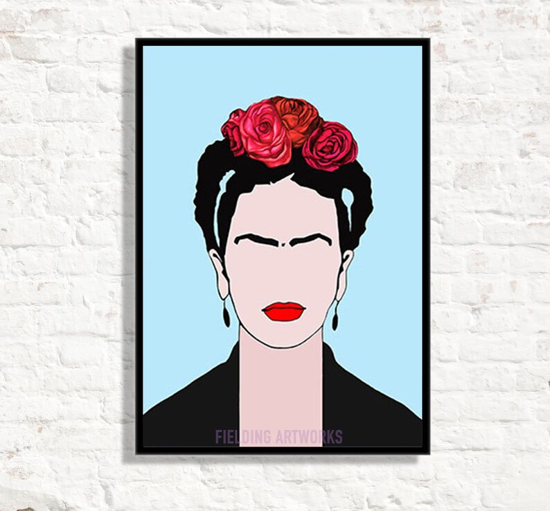 May include: A digital illustration of Frida Kahlo with a black background and a blue sky. She is wearing a black jacket and has a red flower crown on her head. The text "FIELDING ARTWORKS" is at the bottom of the image.