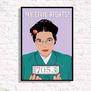 May include: A digital illustration of a woman with a purple background. The woman is wearing glasses and a green jacket. She is holding a sign that says "7053". The text "MY CIVIL RIGHTS!" is at the top of the image.