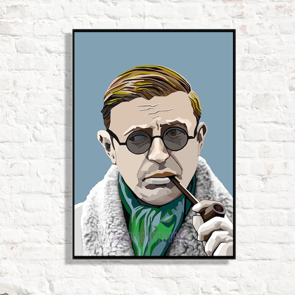 Impression de Jean-Paul Sartre, écrivain français, art mural de bureau, philosophe Jean-Paul Sartre, mouvement existentialiste, décor de salle de classe