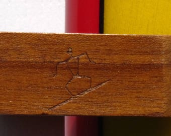 Vertical Hawaiian Surfer Surfboard Wall Display Rack, Solid Teak Wood Hawaii Petroglyph, 3pc Set