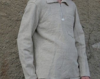 chemise d'hiver à zip, mélange lin et coton, motif chevrons