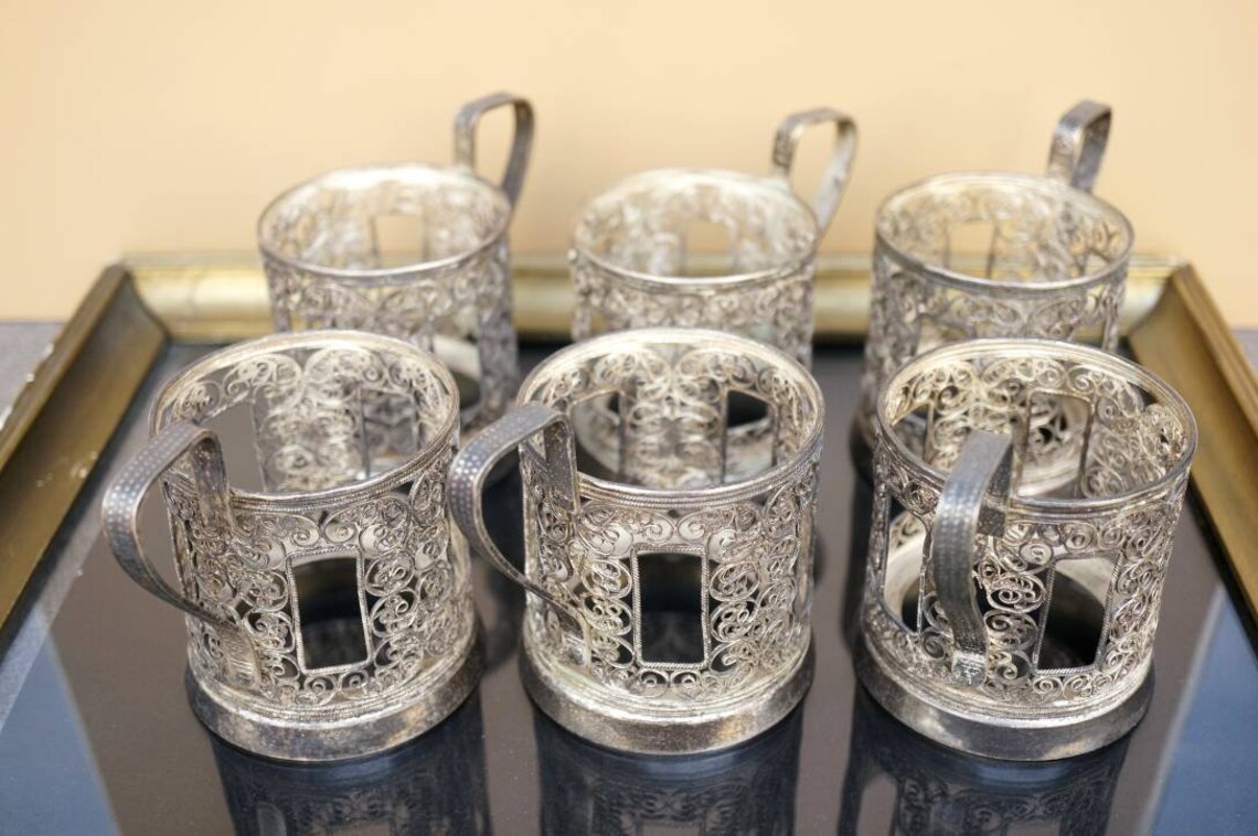 Vintage Filigree Silver Plated Glass Tea Cup Holders Etsy New Zealand