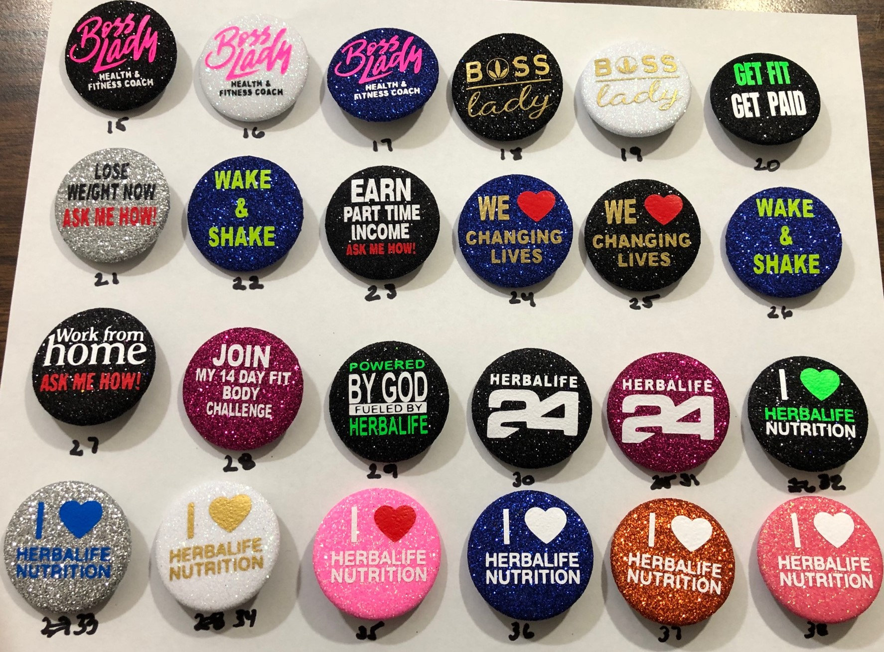 100 Custom Glitter Button Pins