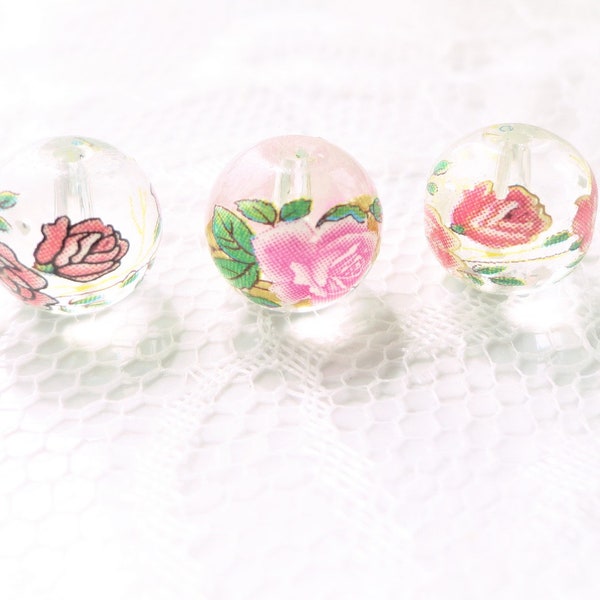 perle imprimé fleur rose, perle transparente, perle tensha, perle japonaise, perle fleur, bijoux romantique, matériel, bijoux, diy