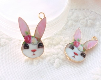 enameled rabbit charms, enamel charm, enameled pendant, sequin, pearl, enameled, floral,