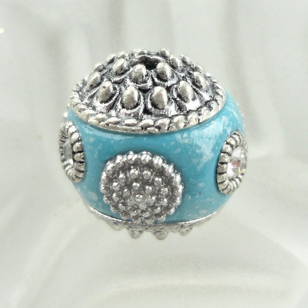 perle d'Indonésie bleu et argent, ronde 14 mm, bijoux tibétains, ethnique, création,