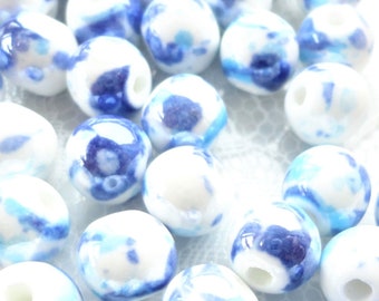 perle céramique ronde,x10,  perle émaillée, 8 mm, bleu océan,ronde,  bijoux, diy,