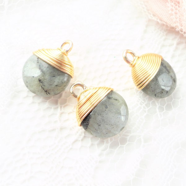 charme pierre goutte facette, pendentif breloque labradorite, fil d 'or enroulé, pierre argent, collier diy