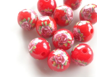 perle japonaise tensha, perle artisanale, imprimée de fleur, bijoux gitans, bijoux bohème, x4, ronde 9mm, b joux coloré, diy, bohemian style