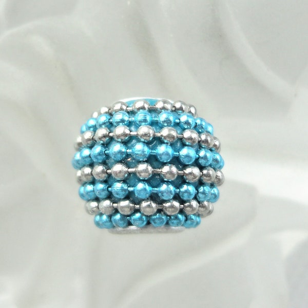 perle indonésienne bleu et argent, x1, perle grand trou, perle métal, donut, ronde, bijoux,