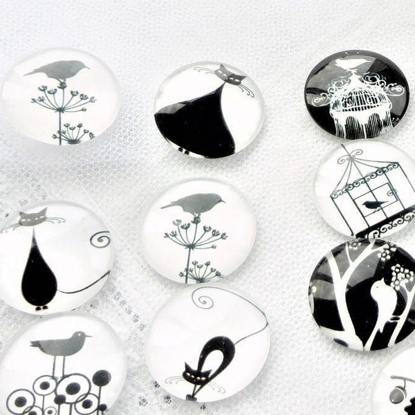 cabochon rond 25 mm, motif chat noir, oiseau, support rond, lot aléatoire,