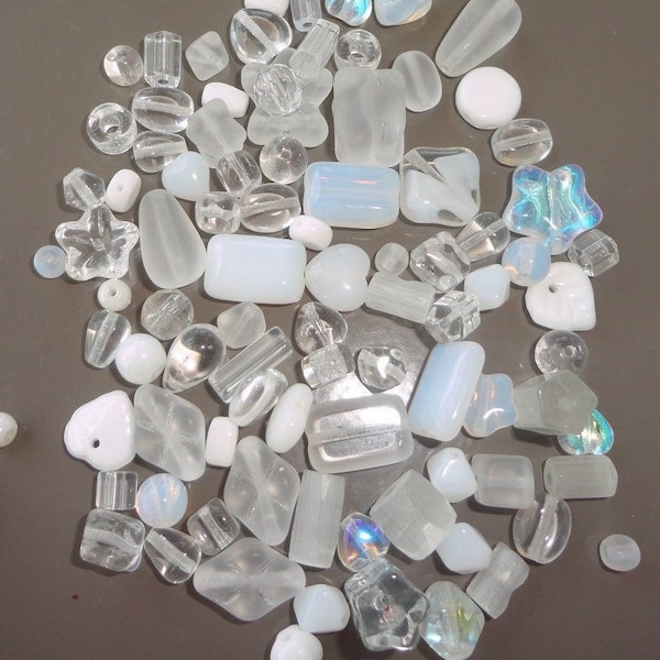 perle verre tchèque blanche, perle de bohème, perles ancienne, lot mixte, soupe de perle, verre irisé, verre mat, x20, x 40, vrac perle, diy