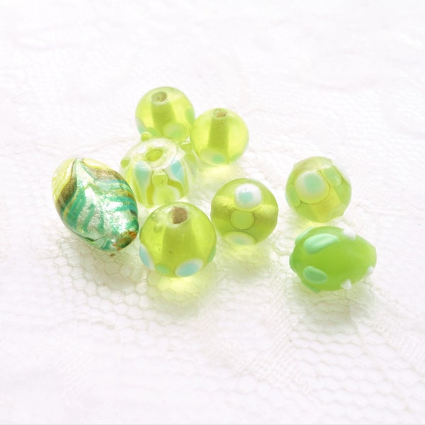 perle de verre artisanale, lot de perle, fait main, verre eau, pois blanc, x8, perle, bijoux, diy