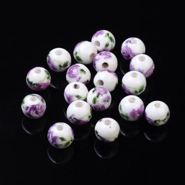 perle porcelaine fleur, perle japonaise, esprit romantique, fleur violette, orchidée, hand made, x10,