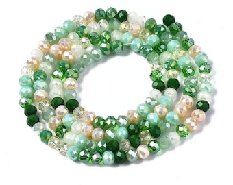 perle verre facette, perle boulier facettée, mixte de vert, un brin , x140, perle pour bracelet, perle boulier, camaïeu de vert,