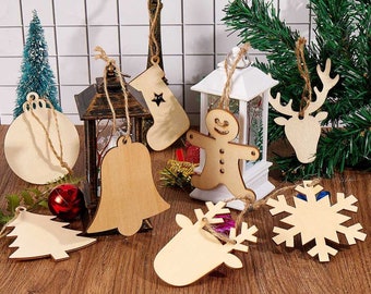 Holzanhänger, Weihnachtsdekoration, Baumschmuck, Hanfseil, Weihnachtsdekoration aus Holz, x 8