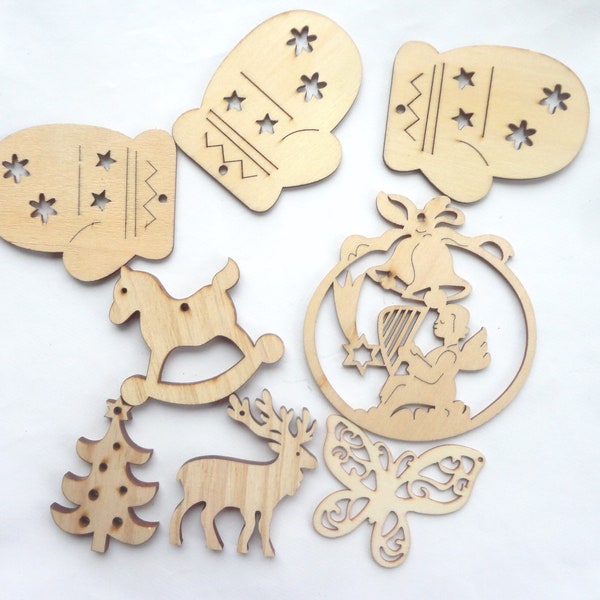 pendentif bois, décoration de noël, décoration sapin, bois décoiupé, bois à customiser, x 8, cheval à bascule, sapin, cerf , boule noel