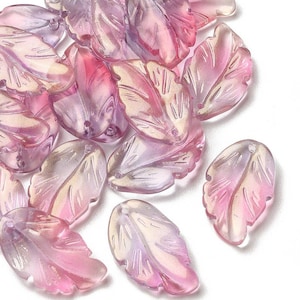 Czech glass bead, leaf bead, floral jewelry, lampwork bead, x6, glass pendant, purple glass, mauve, violet, iridescent gold bead,