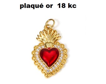 pendentif coeur ex voto, coeur rouge, pierre zircon rlouge, plaqué or 18 carat, brelqoue coeu, or et rouge,