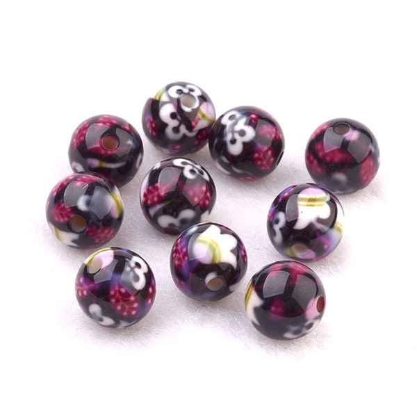 perle imprimé fleur, perle noire et rose, x 10, ancienne perle, perle ronde, bijoux fleuri, diy