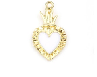 pendentif coeur ex voto, doré émail blanche , x1, charme coeur milagro, bijoux religieux, coeur or et émail blanche, idée cadeau maman, love