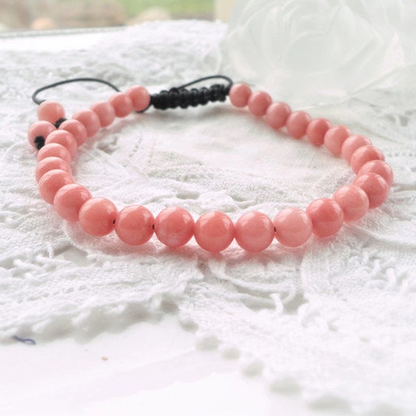 bracelet en pierre de rhodonite rose, bijoux cadeau, idée cadeau noël, ajustable, bijoux fantaisie, protection, chakra