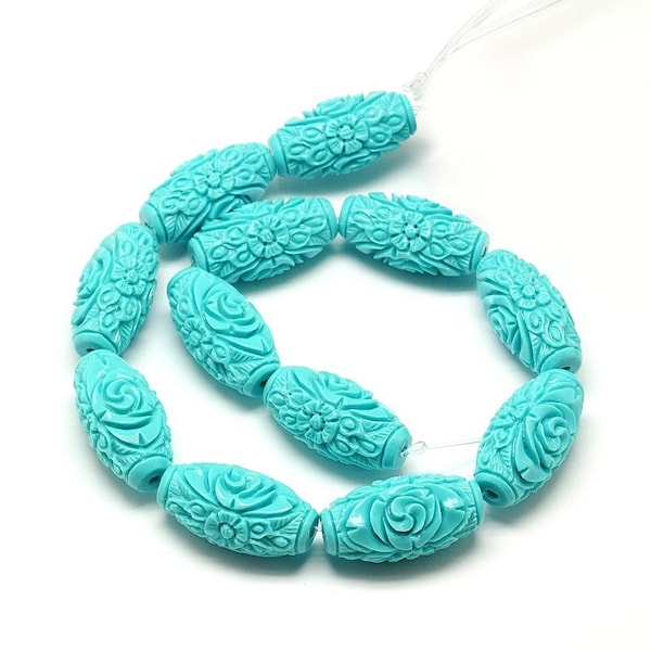 perle ovale sculpté fleur, corail bleu turquoise, x 2, bijoux marin, bijoux tendance, base , diy