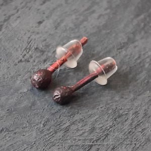 May include: A pair of small stud earrings. Each earring features a dark maroon, textured ball at the end of a thin, red stem. Clear, plastic earring backs are attached. The earrings are displayed on a grey, textured surface.