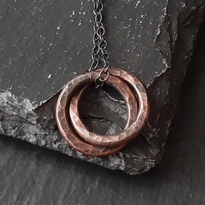 Men’s Copper Pendant Necklace, Gift for Him, Hammered & Twisted Copper Rings on Sterling Silver Chain, Rustic Copper Jewellery