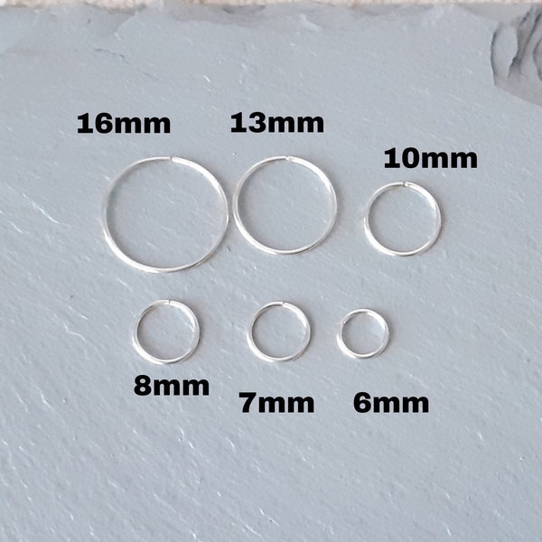 Thin Huggie Hoop Earrings in Silver Filled, 4mm to 16mm Continuous Hoops, Men, Women, Daith, Tragus, Helix, Earlobe, Nose rings, 20g Wire