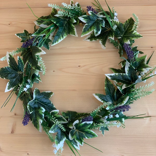 Summer door wreath, Variegated Ivy, Purple Lavender, White Bluebells and Astilbe