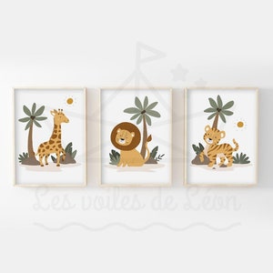 Set of 3 safari children's posters A4 (21x29.7cm) or 13x18cm lion giraffe tiger wall decoration baby room palm trees birth gift idea