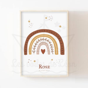 Póster de nacimiento de arcoíris A4 (21 x 29,7 cm) O 13 x 18 cm, decoración de pared de habitación de bebé boho, póster personalizado, idea de regalo de nacimiento con nombre