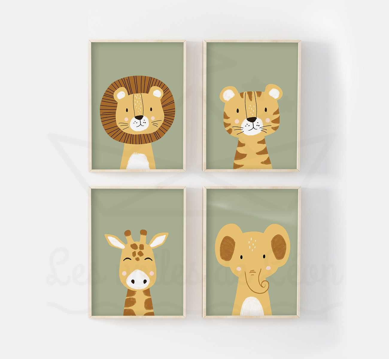 Lot 4 Affiches Safari 30x40cm Lion Girafe Tigre Éléphant Poster Chambre Bébé Décoration Murale Savan