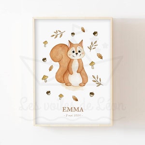 Póster nacimiento nombre bebé ardilla A4 (21x29,7cm) o 13x18cm decoración pared habitación infantil acuarela animales bosque personalizable
