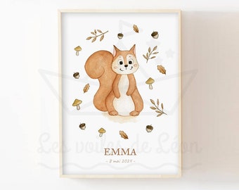 Baby name birth announcement poster, squirrel design, customizable wall decoration for a child's room, watercolor forest animals