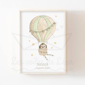 Baby riccio mongolfiera nome poster 30x40cm illustrazione acquerello personalizzata cielo stelle decorazione da parete cameretta per bambini