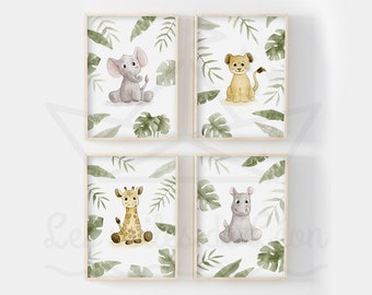Set of jungle baby posters, watercolor animals, savannah, elephant, lion, giraffe, hippopotamus, children's room posters, safari